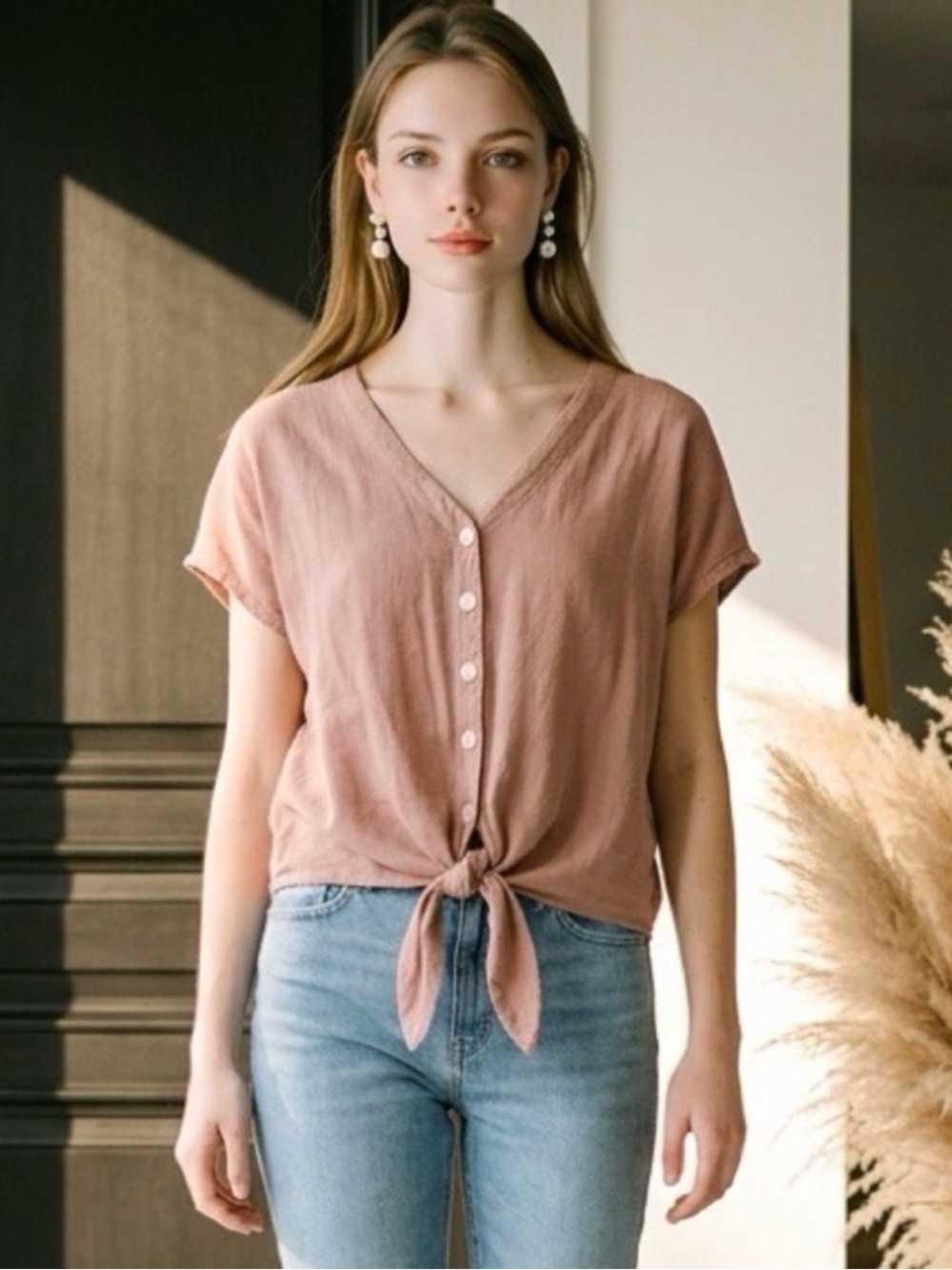 Universal Thread Blush Pink V-Neck Tie front top